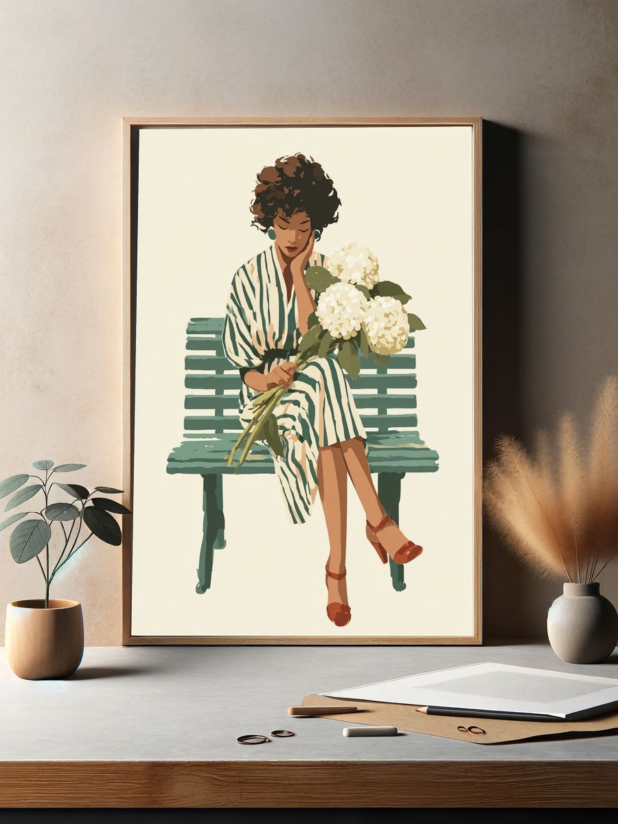 Woman with Hydrangeas — Illustration Print. — room view 2
