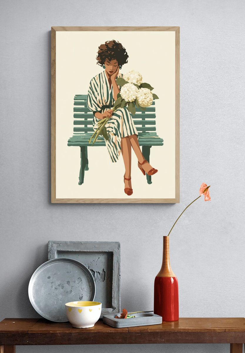Woman with Hydrangeas — Illustration Print. — room view 3