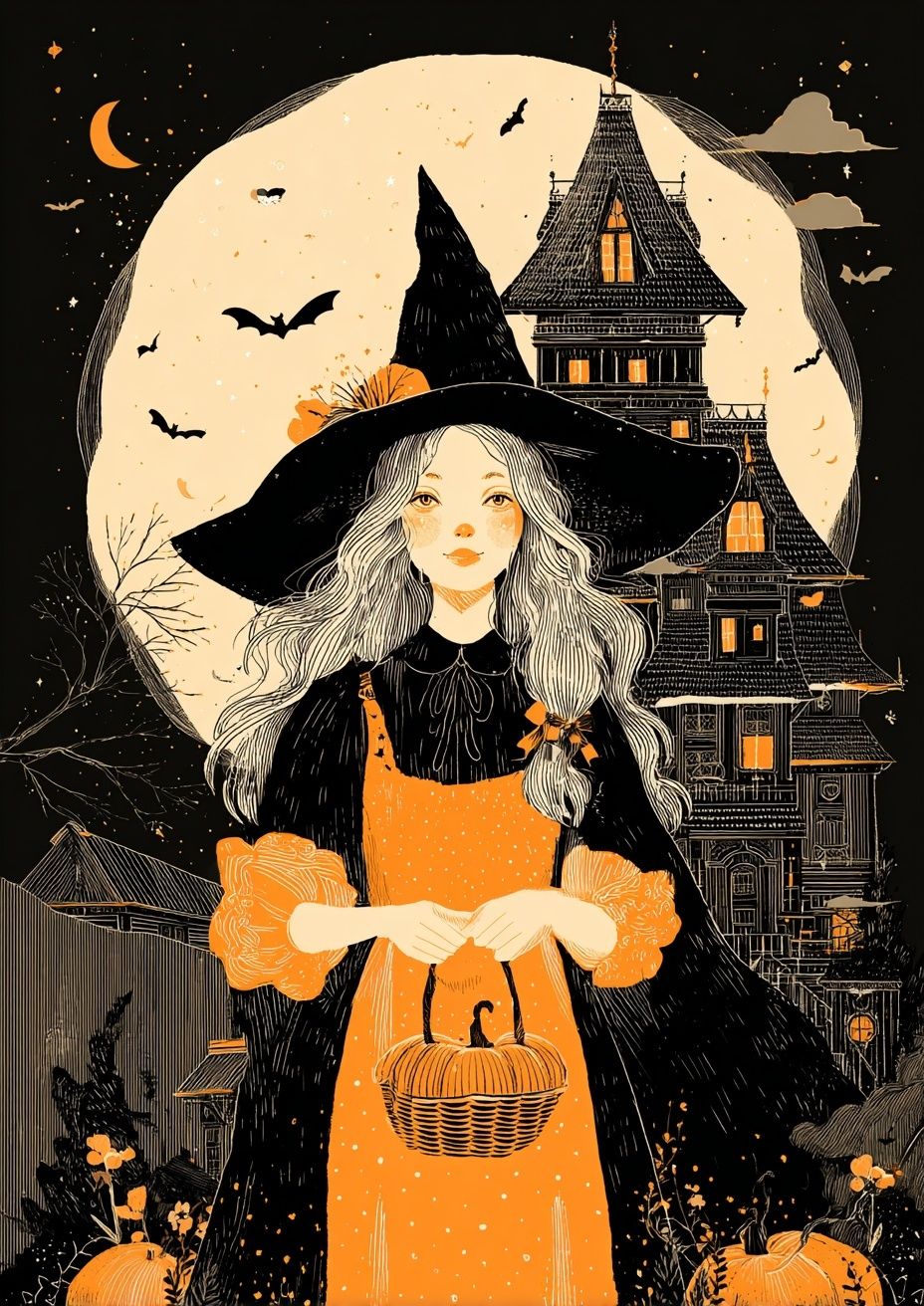 Witch in the Moonlight — Halloween Illustration Print. poster — illustration art