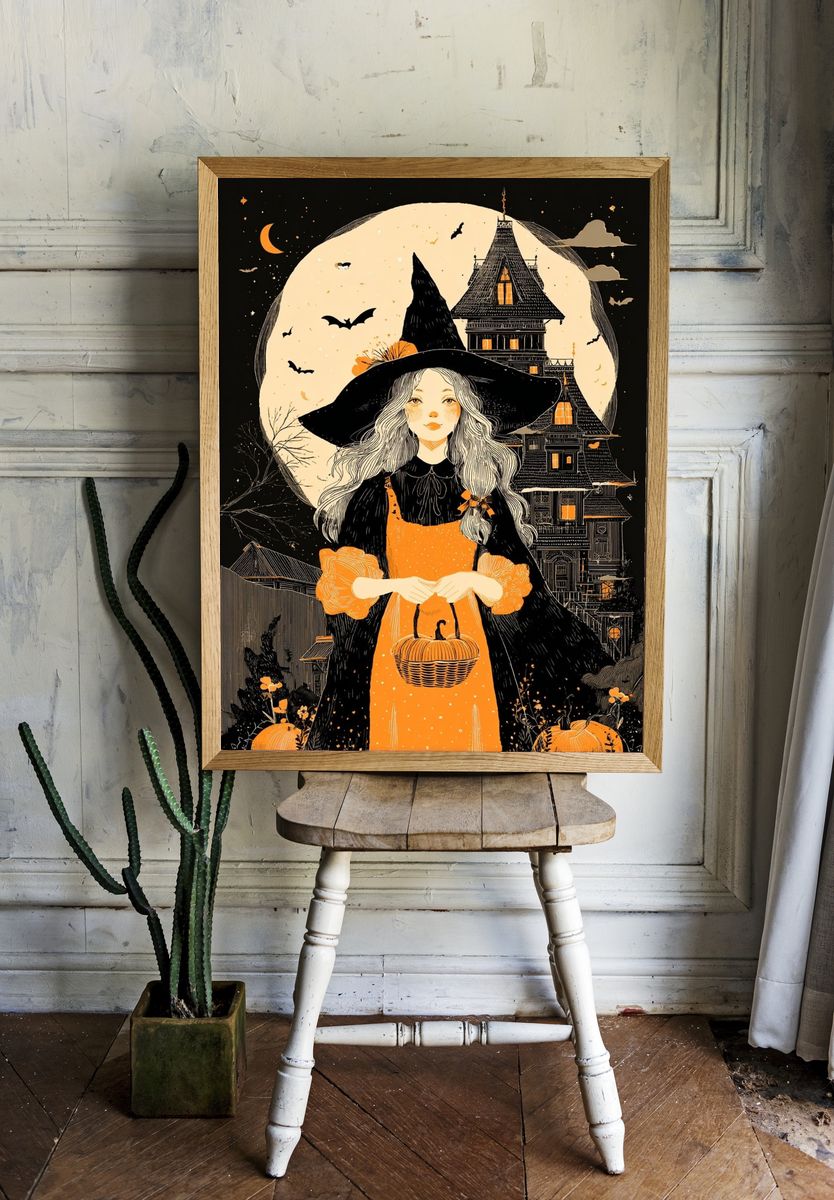 Witch in the Moonlight — Halloween Illustration Print. — room view 1