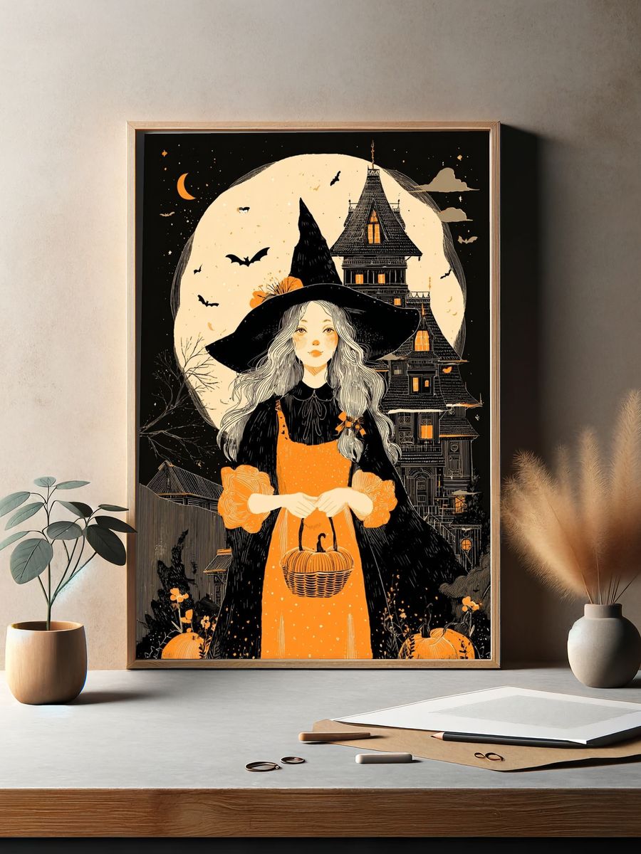 Witch in the Moonlight — Halloween Illustration Print. — room view 2