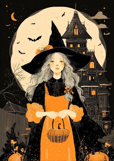 Witch in the Moonlight — Halloween Illustration Print. poster print
