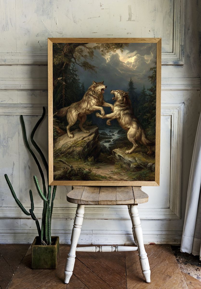 Fierce Wolves in Battle — Fine Art Print. — room view 1