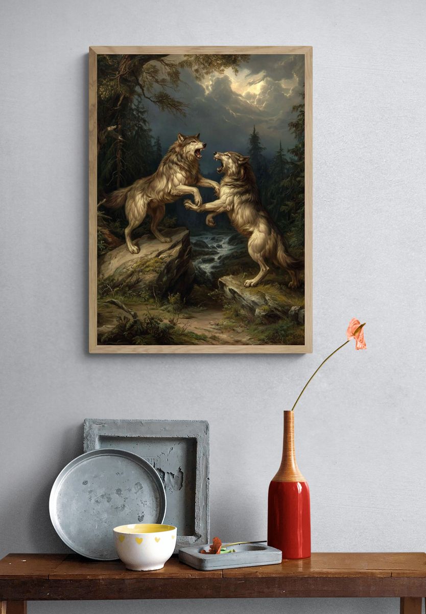 Fierce Wolves in Battle — Fine Art Print. — room view 3