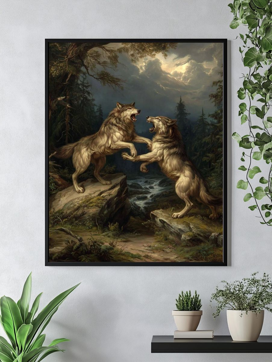 Fierce Wolves in Battle — Fine Art Print. — room view 4