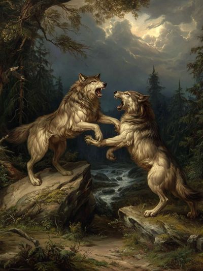 Fierce Wolves in Battle — Fine Art Print. poster