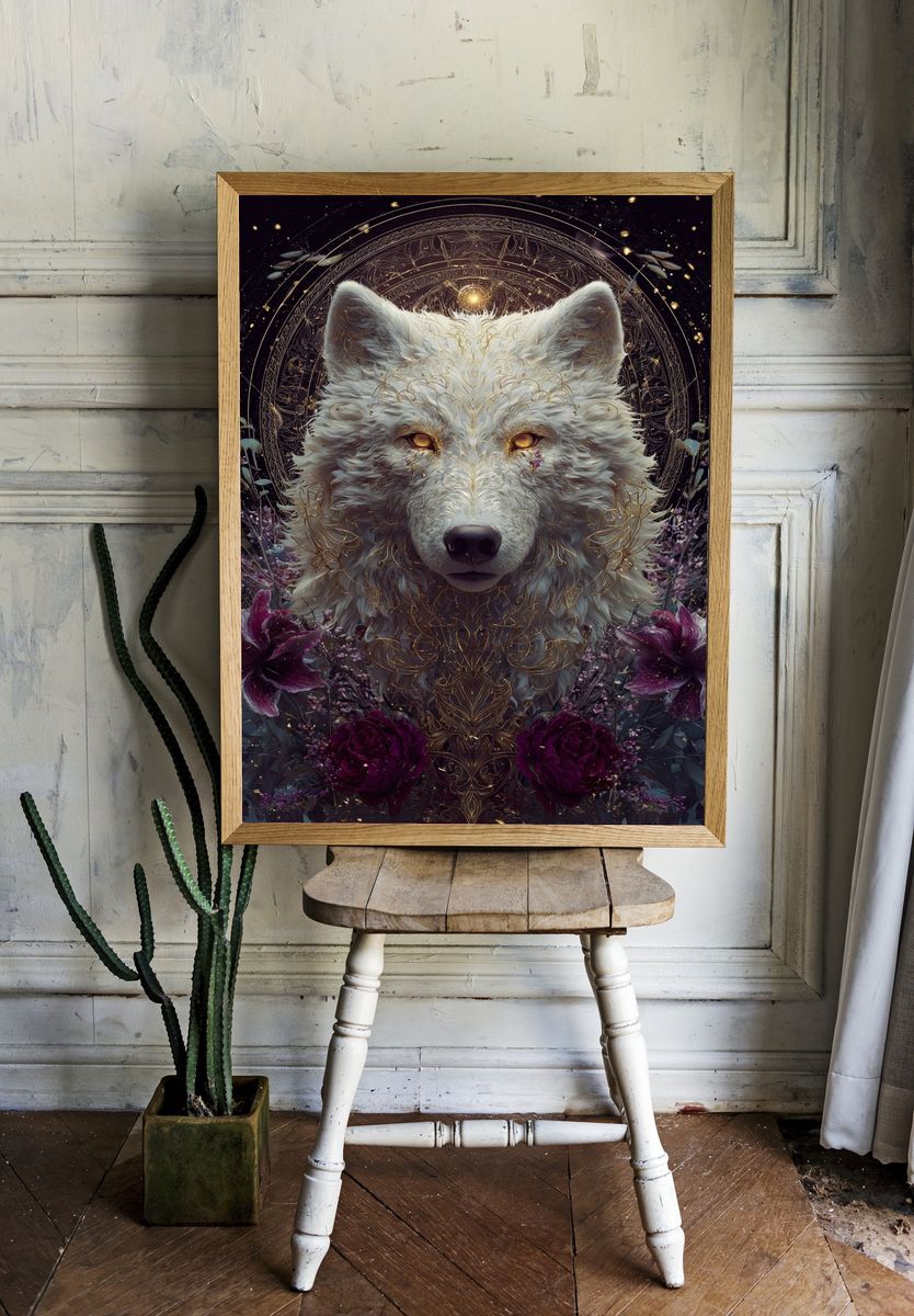 Majestic White Wolf — Digital Art Print. — room view 1