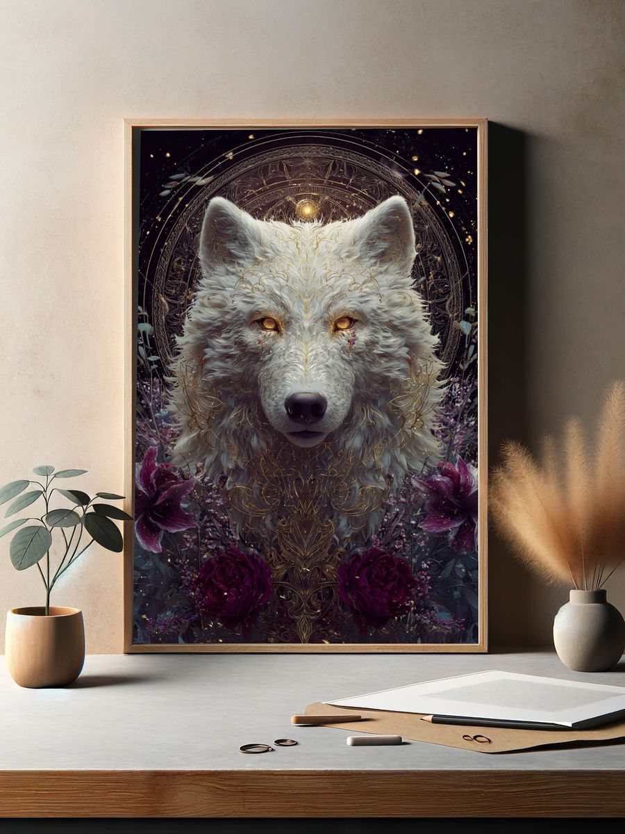 Majestic White Wolf — Digital Art Print. — room view 2
