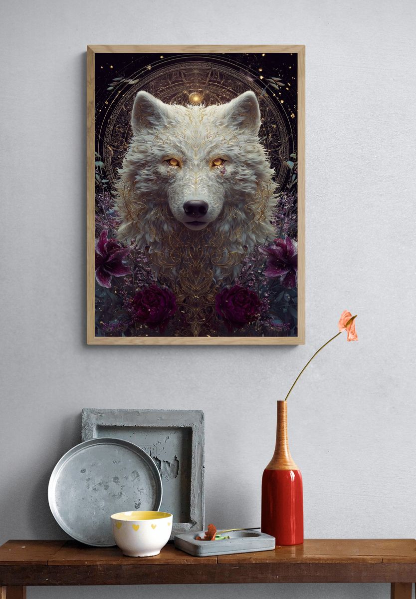 Majestic White Wolf — Digital Art Print. — room view 3