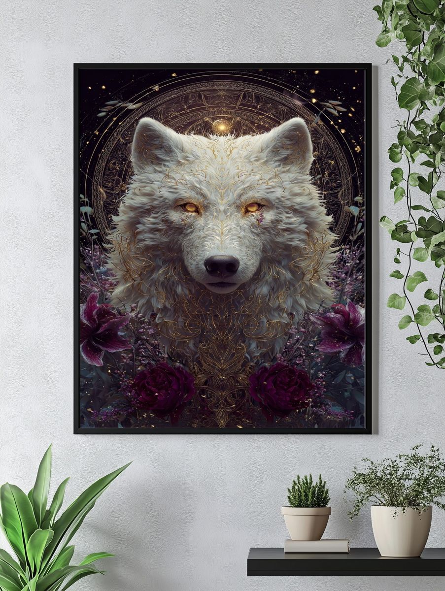 Majestic White Wolf — Digital Art Print. — room view 4