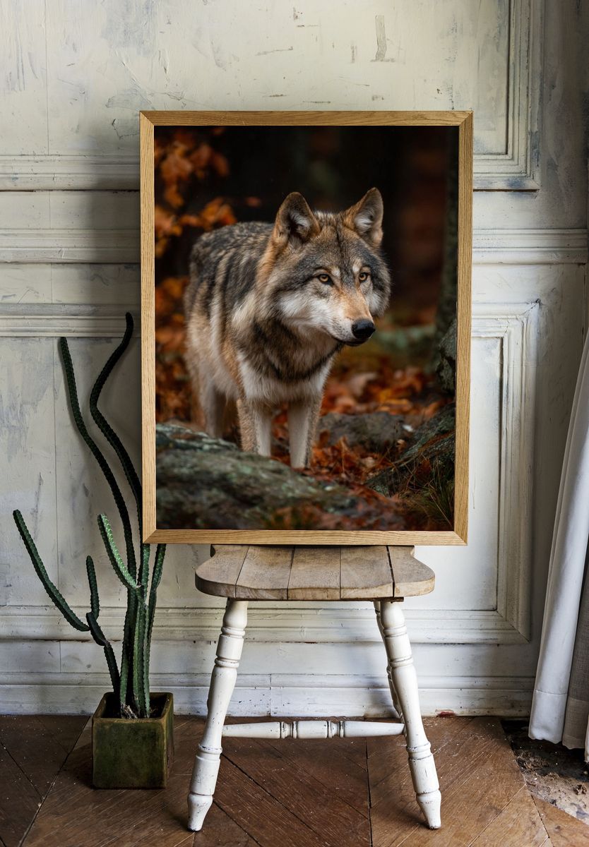 Wolf in Autumn Forest Photography Poster. — room view 1