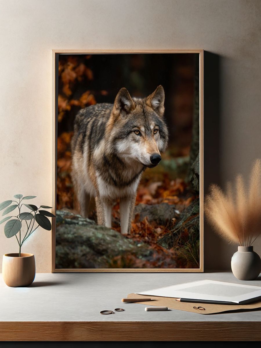 Wolf in Autumn Forest Photography Poster. — room view 2