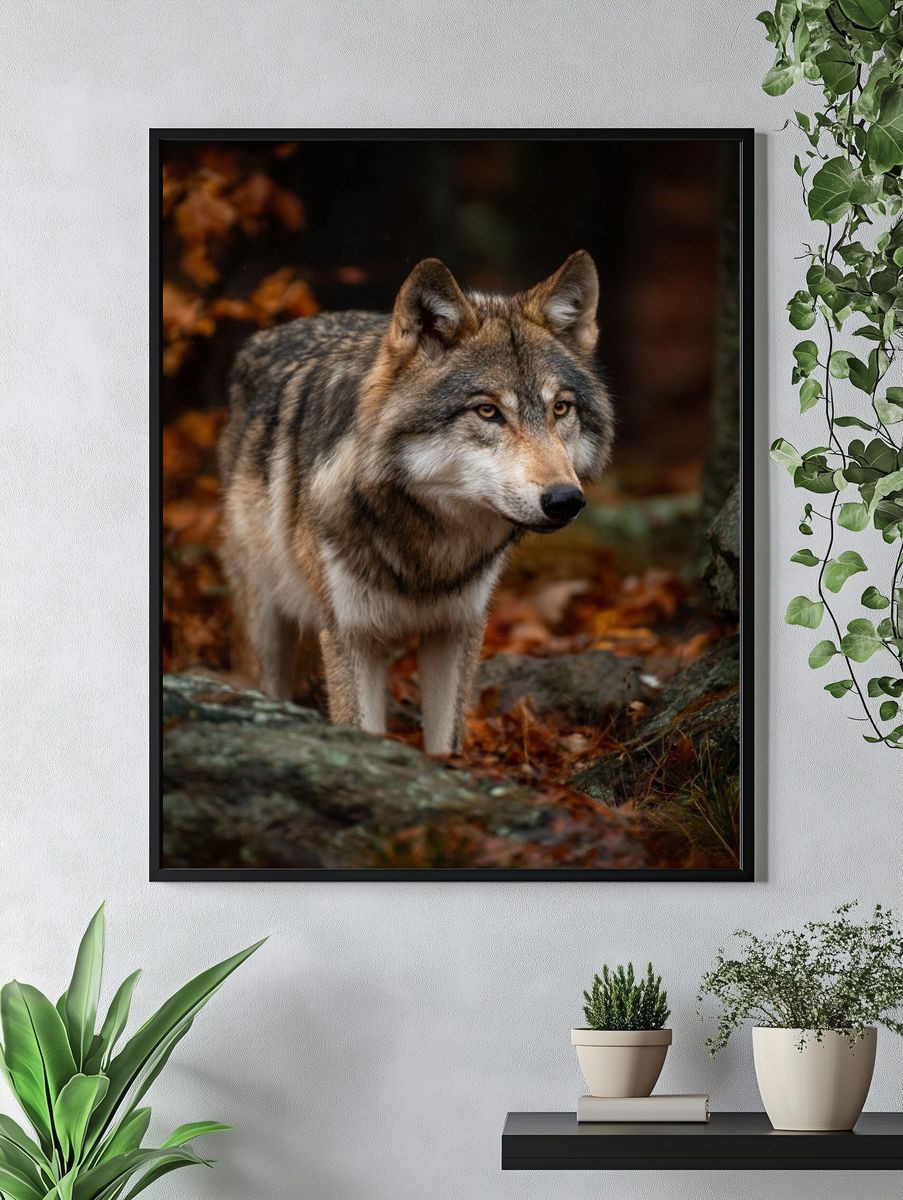 Wolf in Autumn Forest Photography Poster. — room view 4