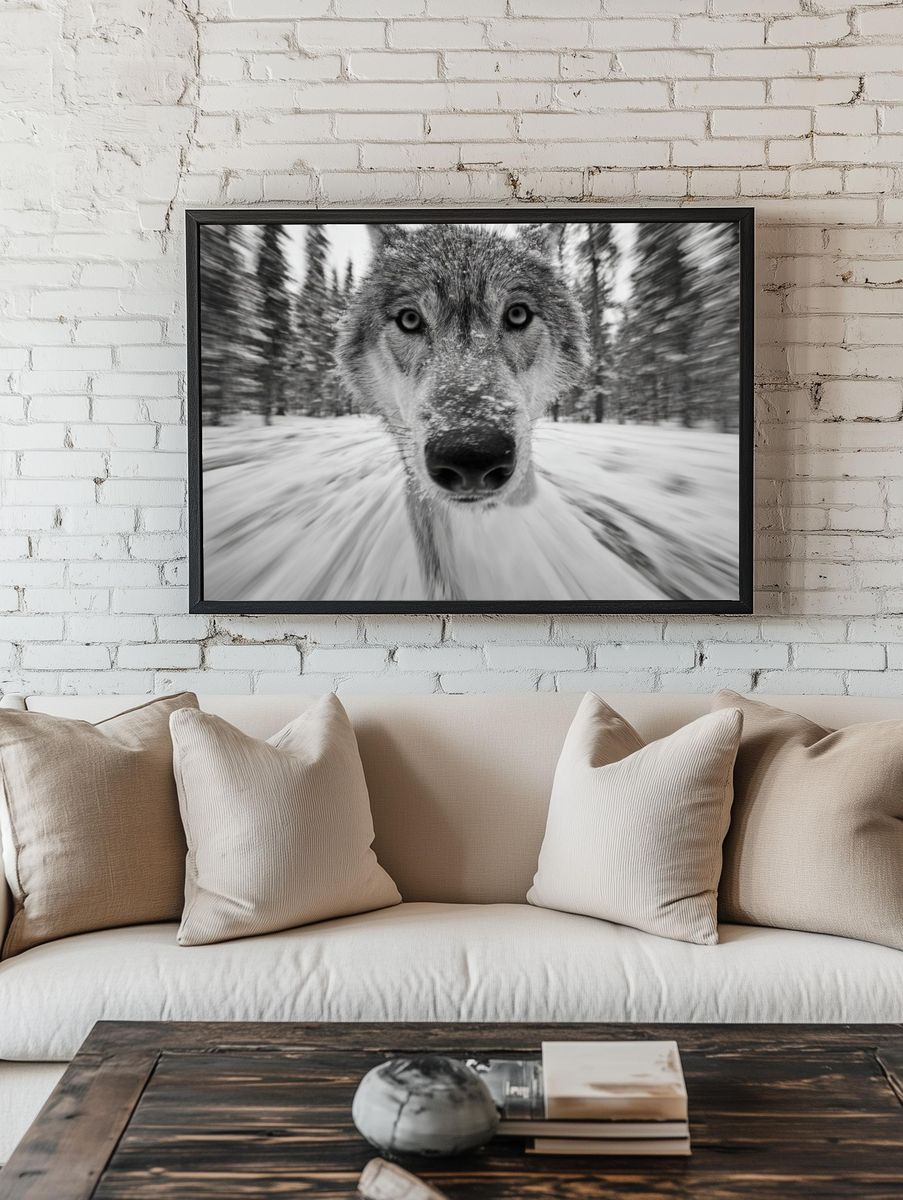 Wolf in Snow Photography Poster. — room view 1