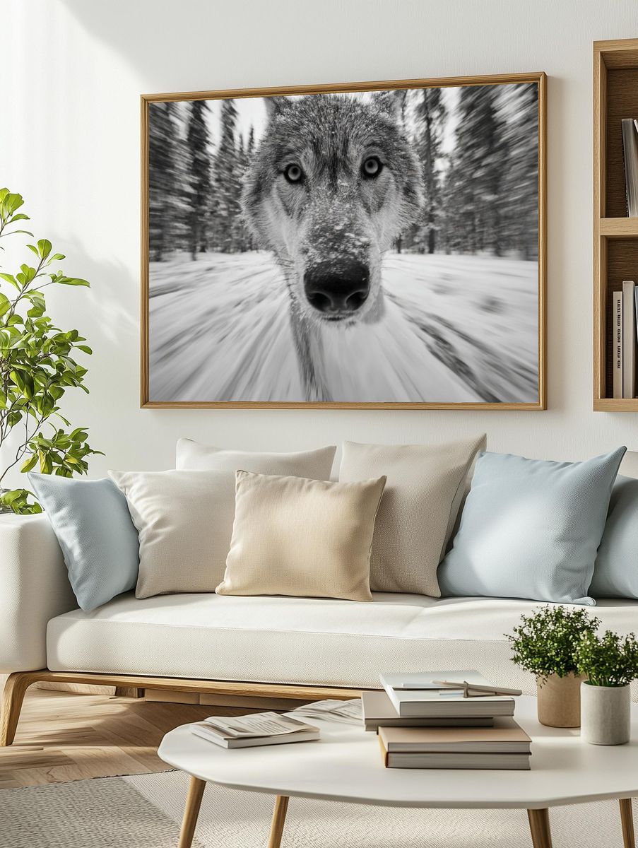 Wolf in Snow Photography Poster. — room view 2