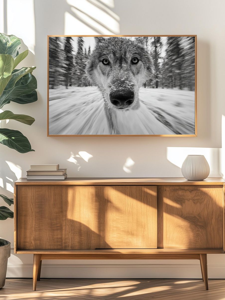 Wolf in Snow Photography Poster. — room view 3