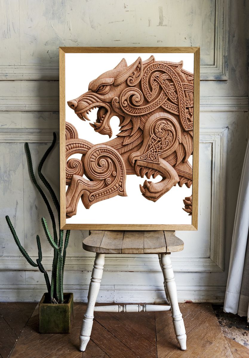 Celtic Wolf Woodcarving Print. — room view 1