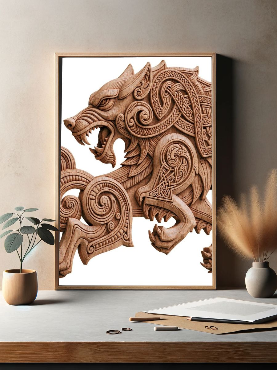 Celtic Wolf Woodcarving Print. — room view 2