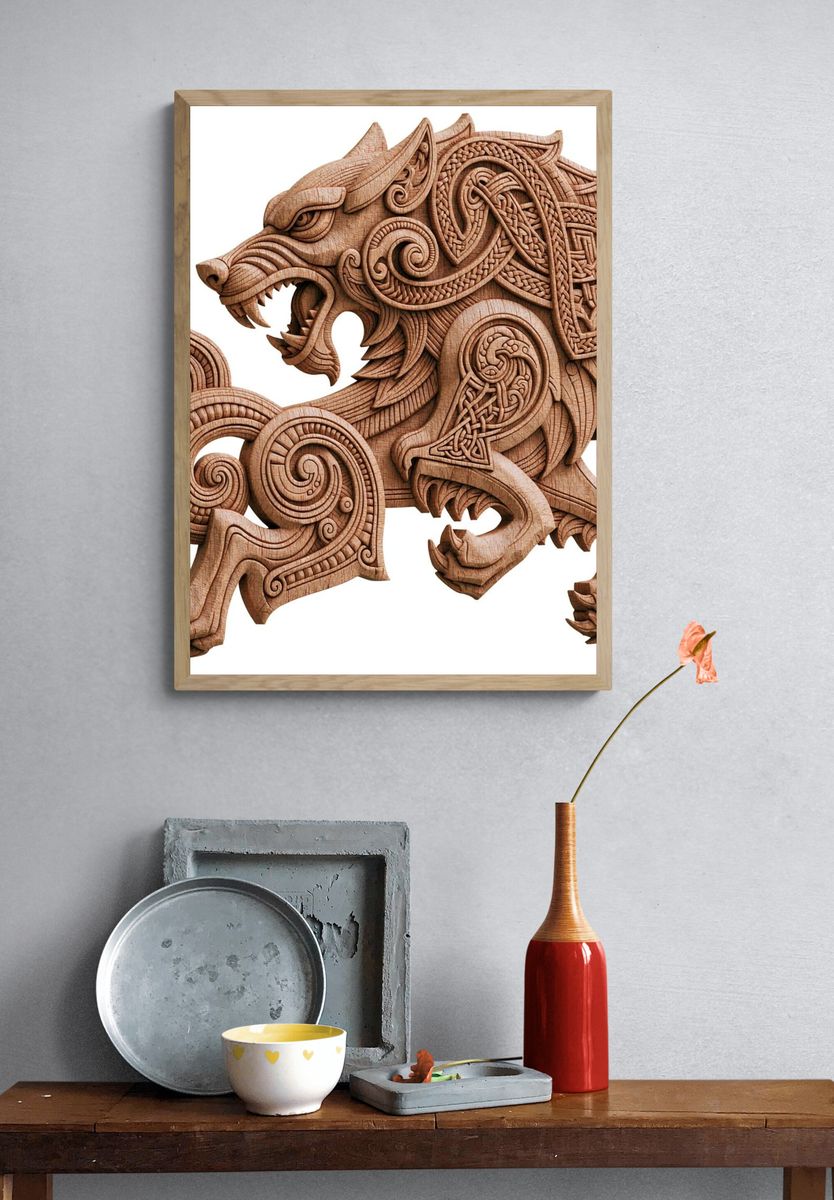 Celtic Wolf Woodcarving Print. — room view 3