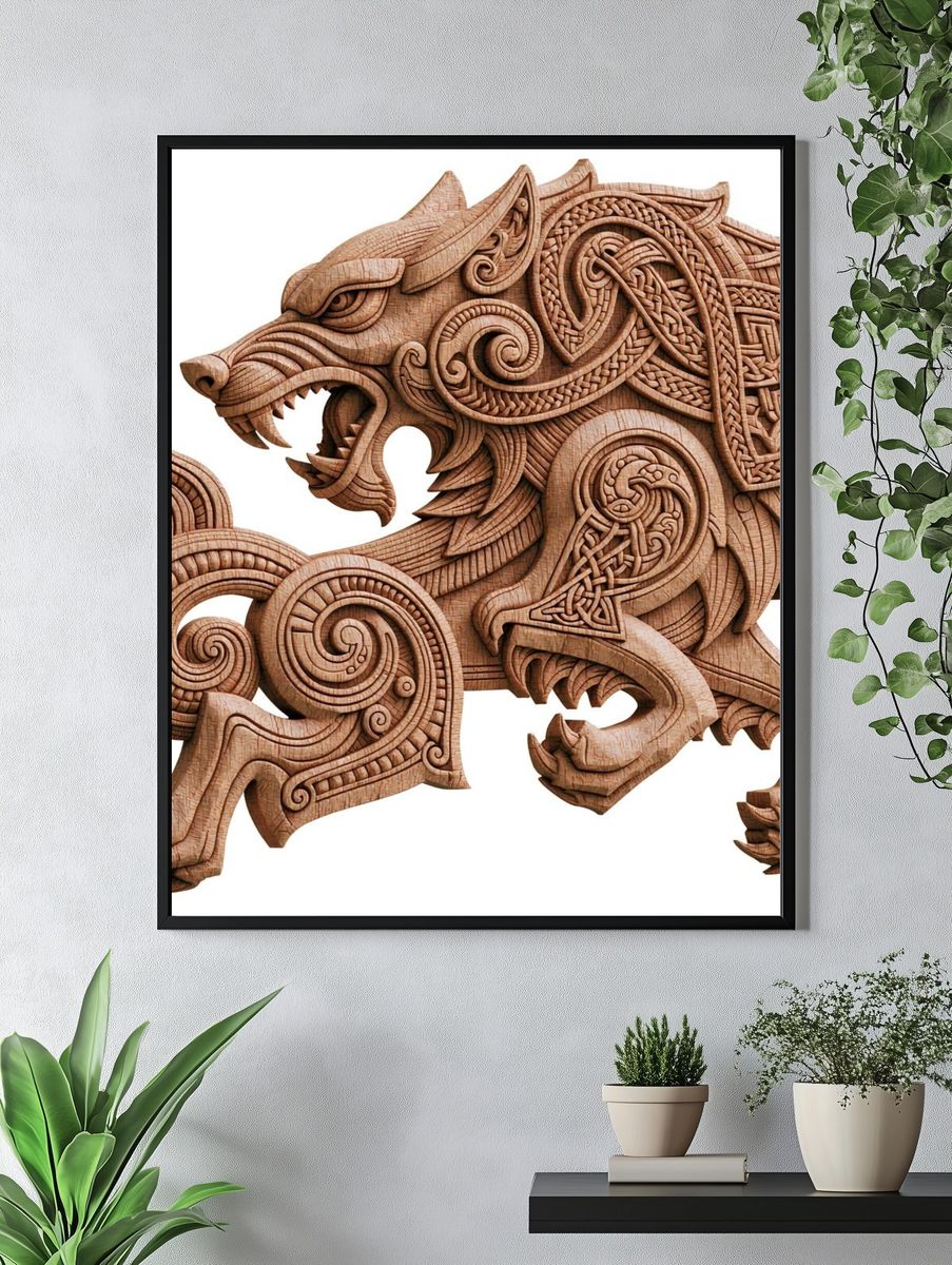 Celtic Wolf Woodcarving Print. — room view 4