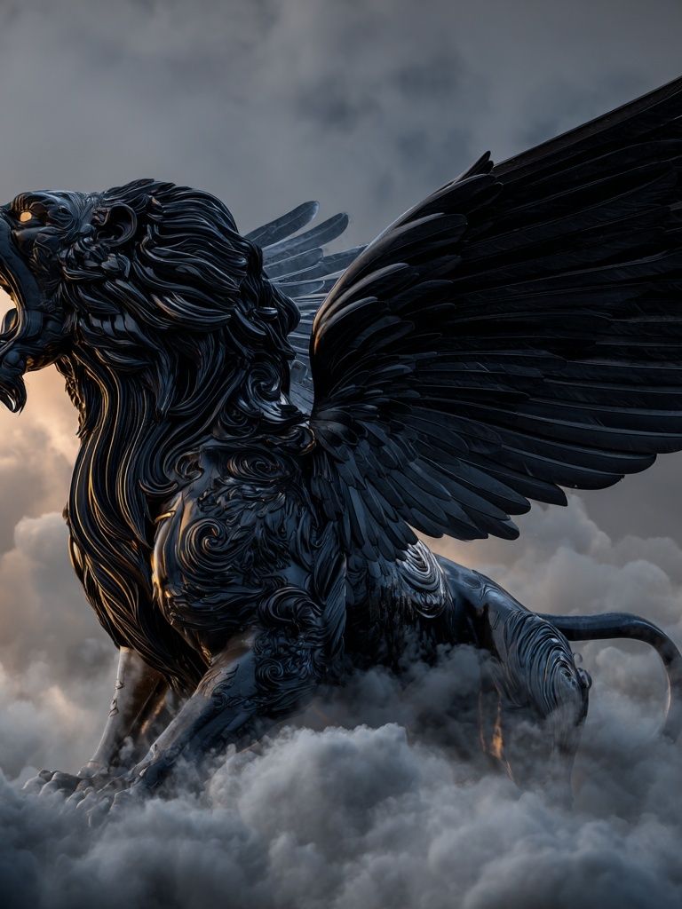 Winged Lion in Storm Clouds Poster. poster — animals art