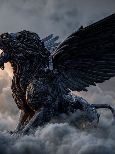 Winged Lion in Storm Clouds Poster. poster print