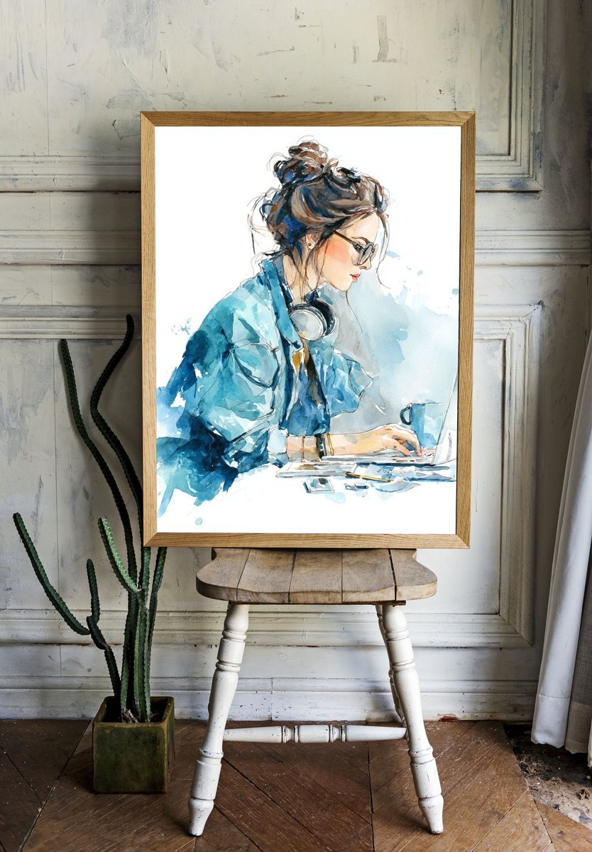Woman Working — Watercolor Print. — room view 1