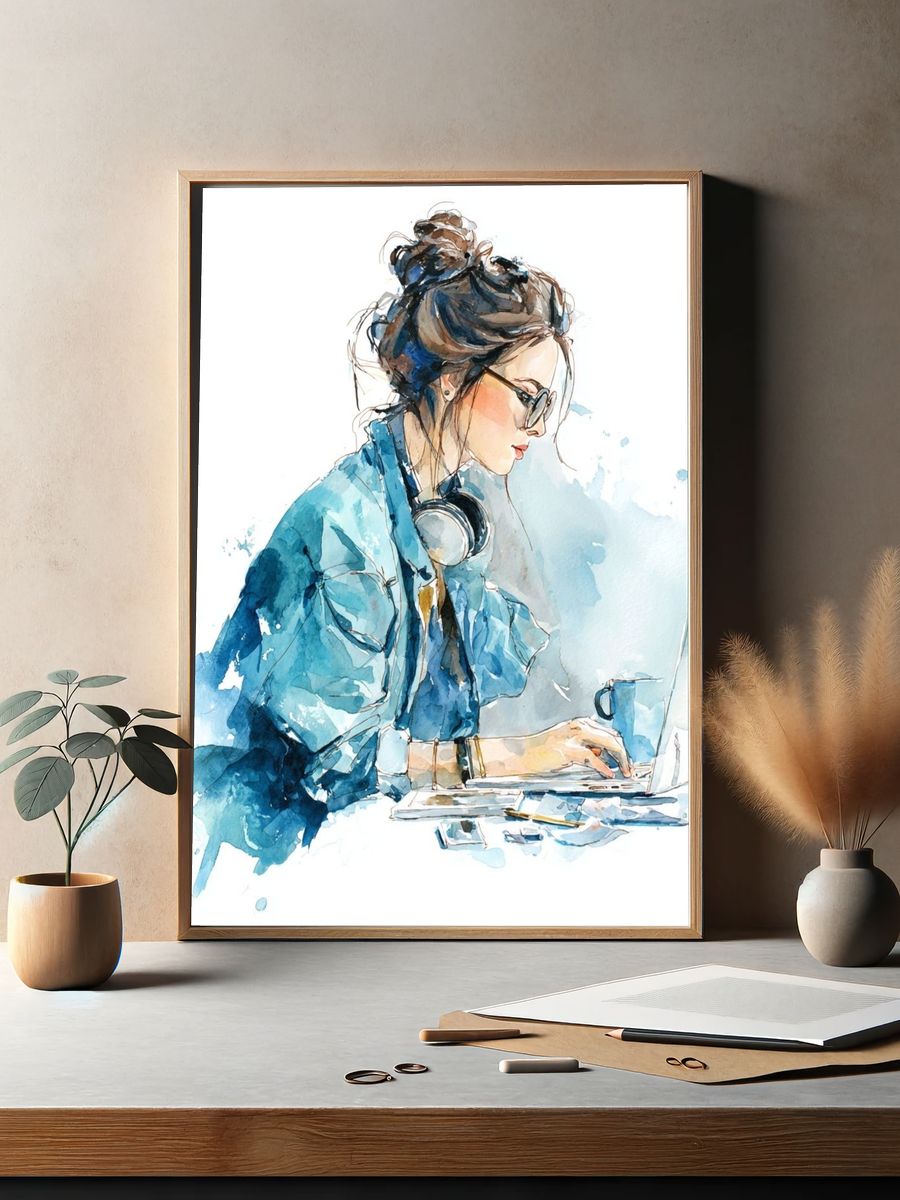 Woman Working — Watercolor Print. — room view 2