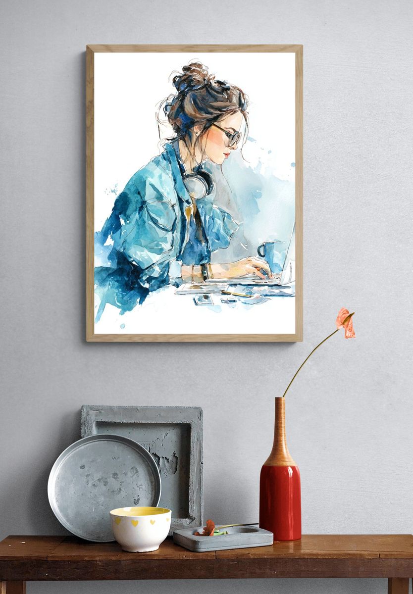 Woman Working — Watercolor Print. — room view 3