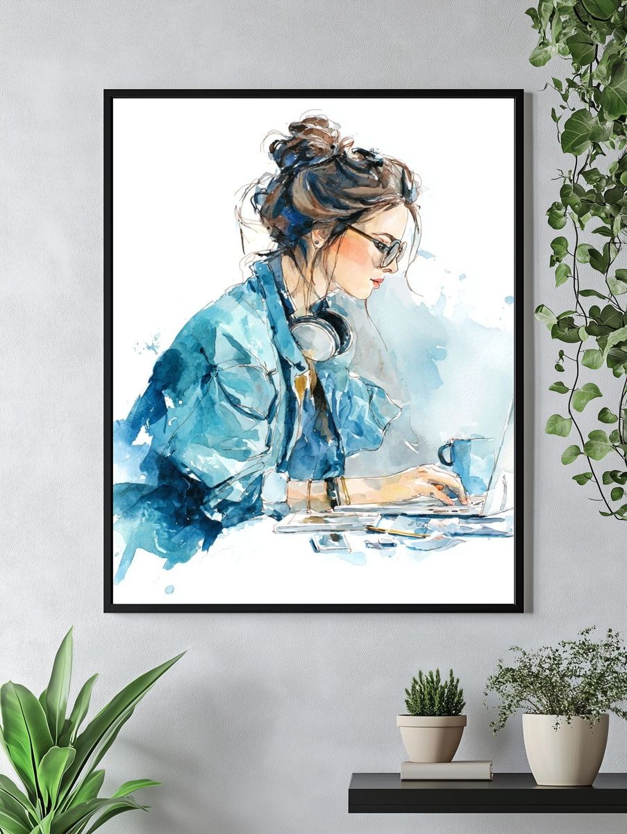 Woman Working — Watercolor Print. — room view 4