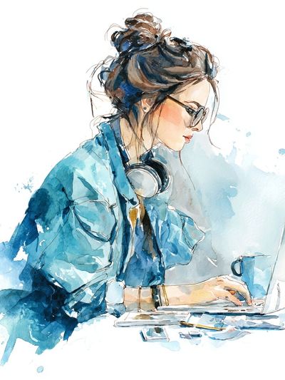 Woman Working — Watercolor Print. poster print