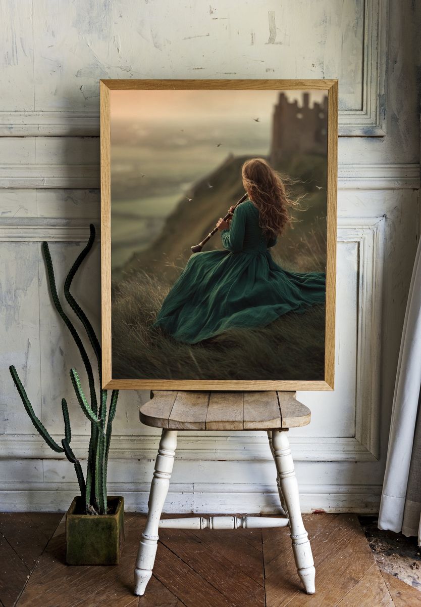 Woman Playing Flute at Sunset — Fine Art Print. — room view 1
