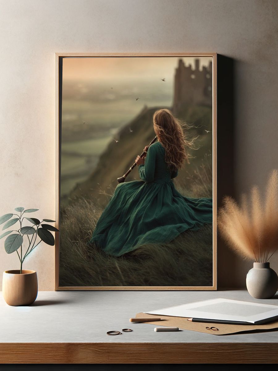 Woman Playing Flute at Sunset — Fine Art Print. — room view 2