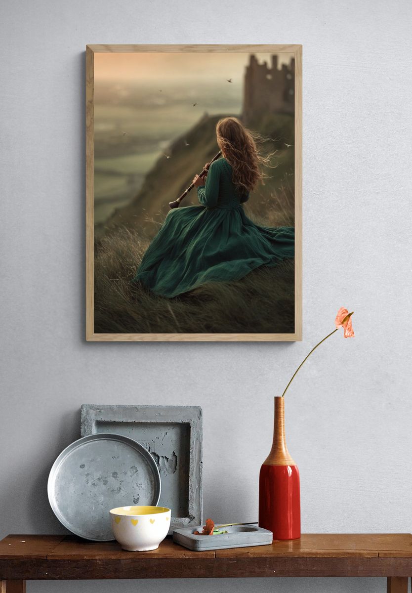Woman Playing Flute at Sunset — Fine Art Print. — room view 3