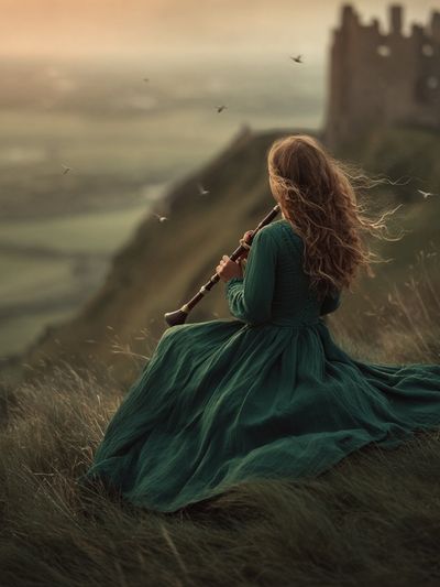 Woman Playing Flute at Sunset — Fine Art Print. poster print