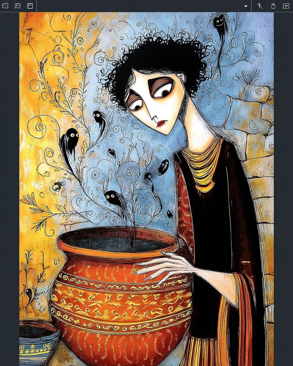 Woman with Pot — Illustration Print. poster — illustration art