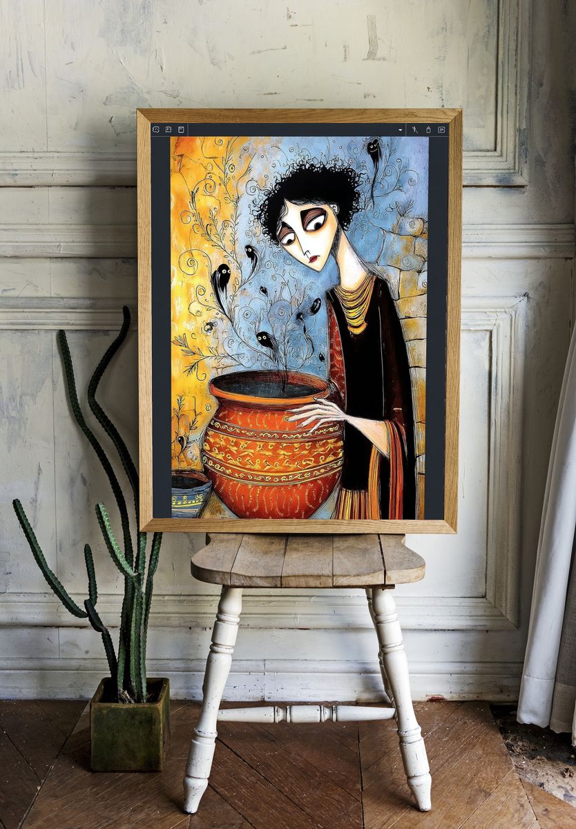 Woman with Pot — Illustration Print. — room view 1