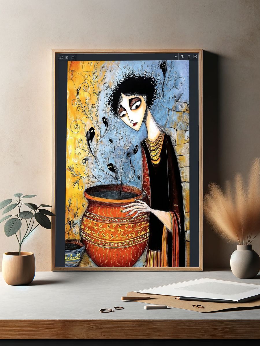 Woman with Pot — Illustration Print. — room view 2