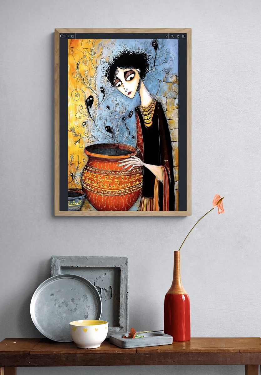 Woman with Pot — Illustration Print. — room view 3