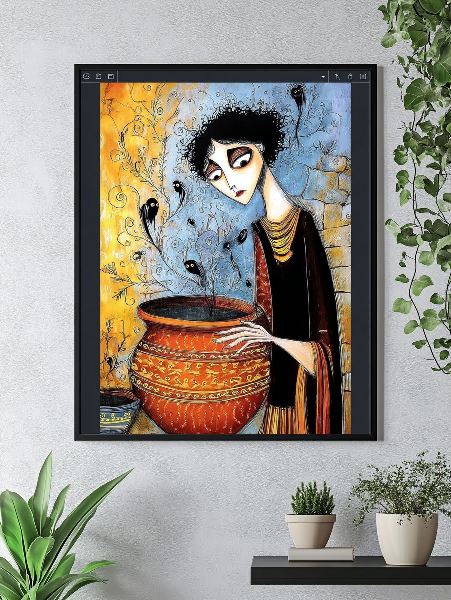 Woman with Pot — Illustration Print. — room view 4