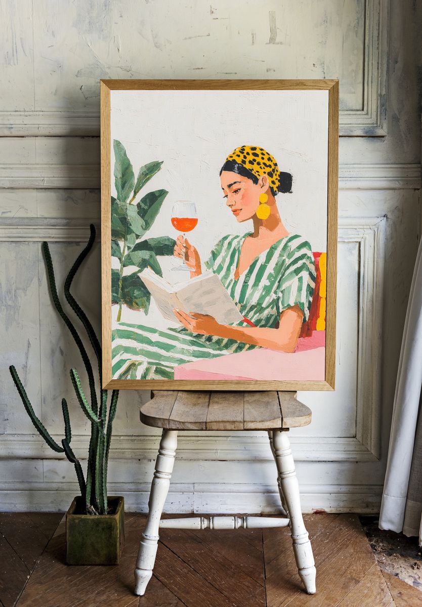 Woman Reading with Wine — Illustration Print. — room view 1