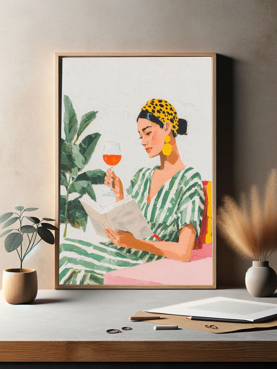 Woman Reading with Wine — Illustration Print. — room view 2