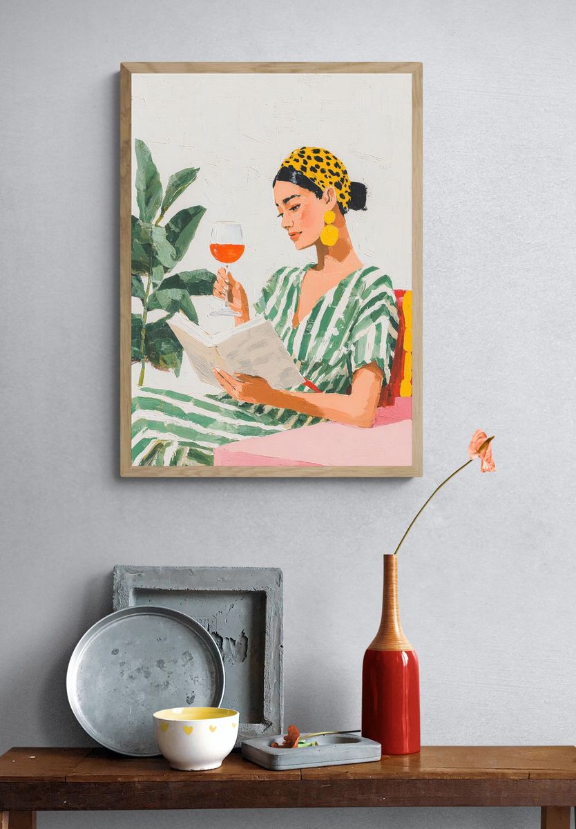 Woman Reading with Wine — Illustration Print. — room view 3
