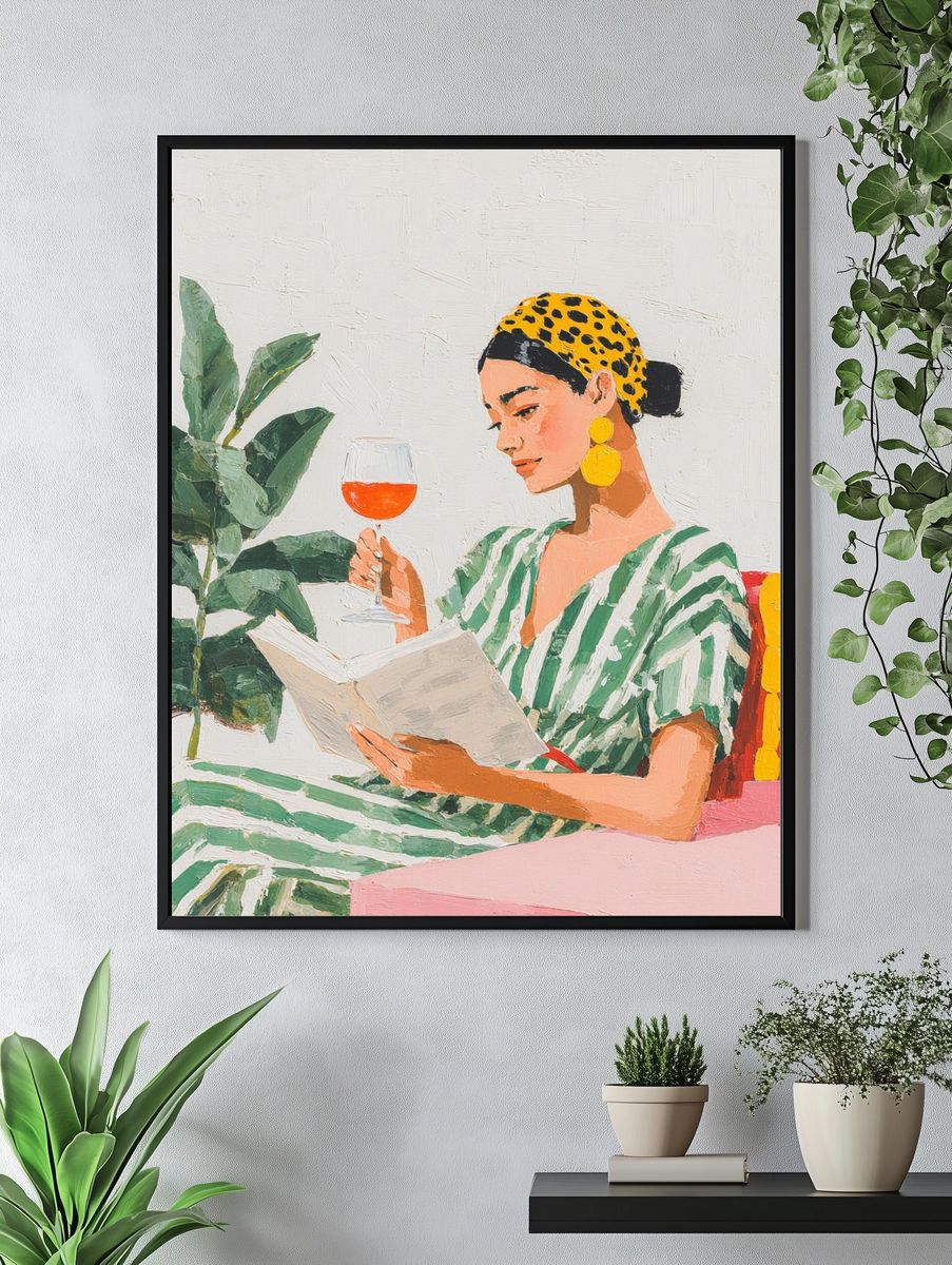 Woman Reading with Wine — Illustration Print. — room view 4