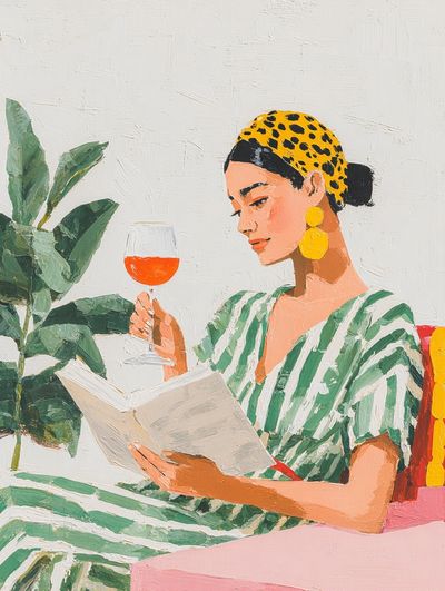 Woman Reading with Wine — Illustration Print. poster print
