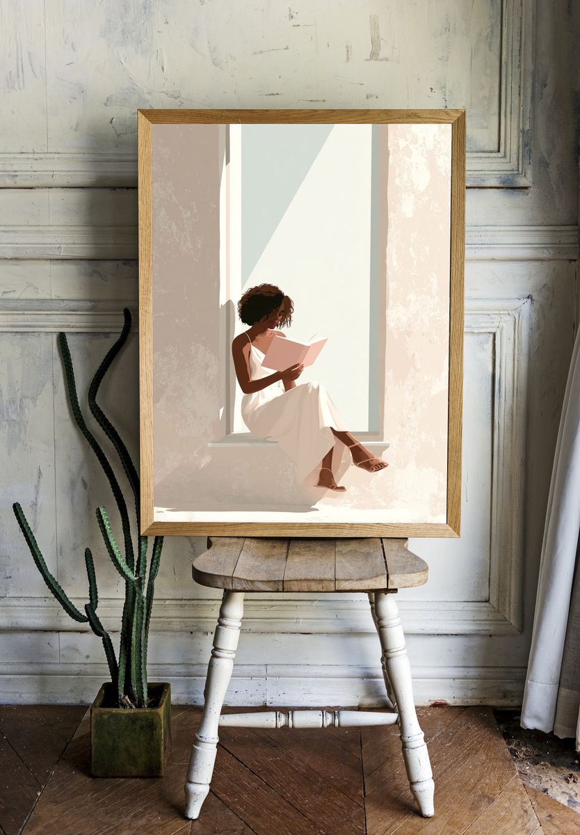 Woman Reading in Sunlight — Illustration Print. — room view 1
