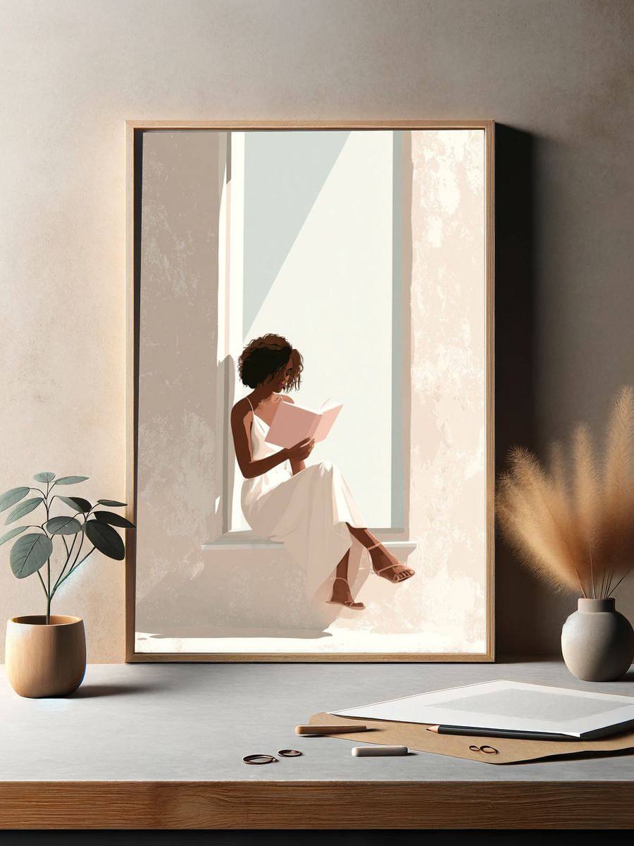 Woman Reading in Sunlight — Illustration Print. — room view 2