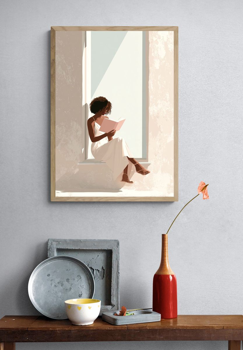 Woman Reading in Sunlight — Illustration Print. — room view 3