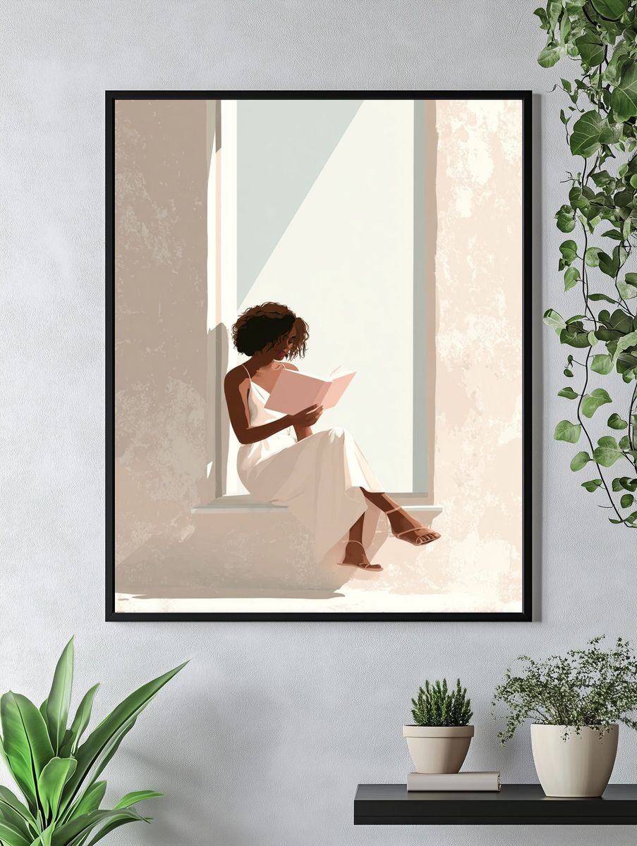 Woman Reading in Sunlight — Illustration Print. — room view 4