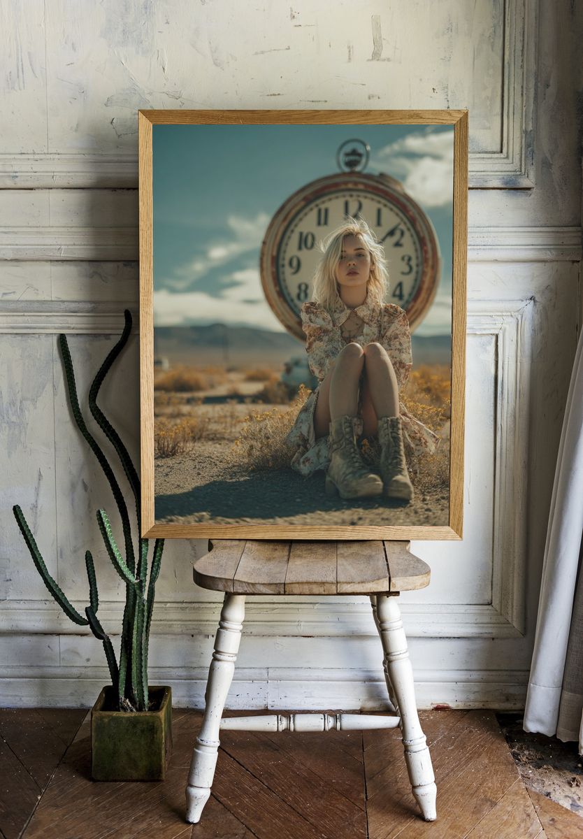 Woman Sitting by Vintage Clock — Photography Print. — room view 1